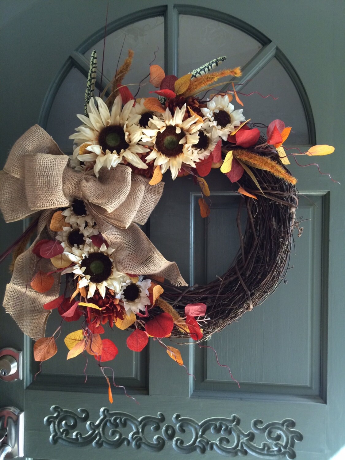 Monogrammed Fall Grapevine Floral Wreath With Burlap Bow Fall