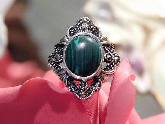 Malachite Sterling Silver Marcasite Ring / Size 6