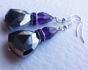 Gothic Purple Crystal Earrings , Purple Silver Crystal Earrings , Purple Earrings , Dangling Earrings, Silver Earrings , Handmade Jewelry