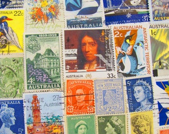 The Land Down Under 50 Vintage Australian Postage Stamps Australia Aussie Oz Sydney Melbourne NSW Tasmania Pigmy British Territory Philately