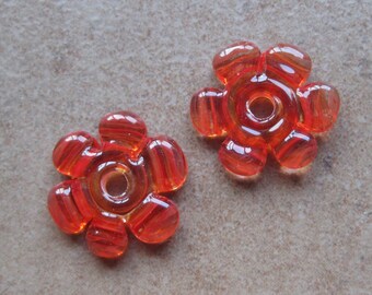 Lampwork Beads - SueBeads - Disc Beads - Disc Flowers - Red Cut Disc Flower Bead Pair - Handmade Lampwork Beads - SRA M67