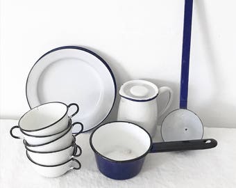 Vintage Cobalt Blue White Enamelware Saucepan Small 1.5 Cup Pot Rustic Farmhouse Primitive French Country Cooking Pan