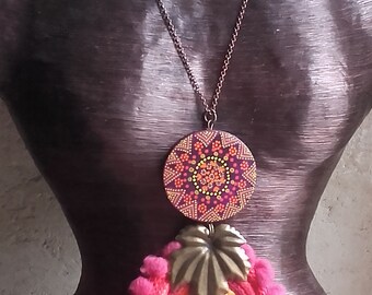 Ethnic necklace, Bohemian, gypsy, mandala, tassels, pink, orange