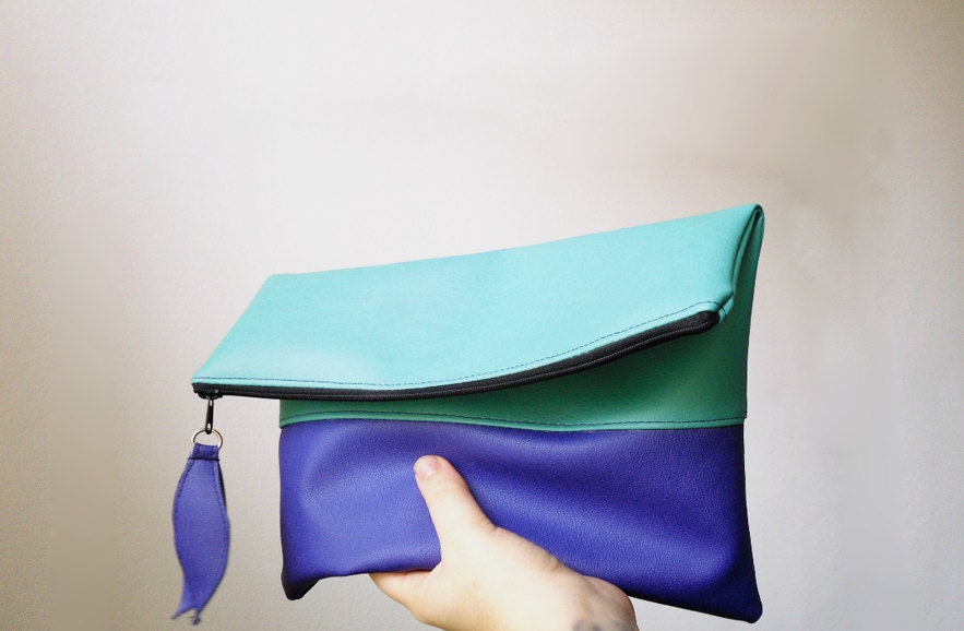 Foldover Clutch bag Mint Cobalt Blue Vegan Faux Leather