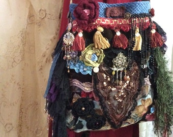 Wild Gypsy Purse, handmade bohemian fabric bag, layered ruffled black laces, unique ooak velvet chenille beads buttons embellished