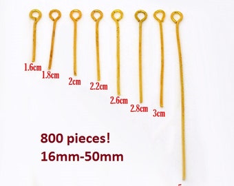800 pcs. Gold Plated Eye Head Pins - 16mm to 50mm - Assortment Mix - 21 Gauge