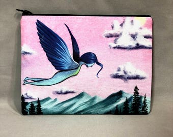 One Time I Had Wings - Zipper Pouch - Whimsical Girl With Wings Flying Over Mountains - Art by Marcia Furman