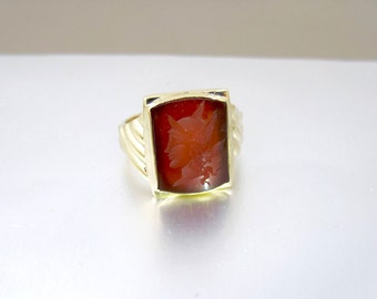 Mens Gold Intaglio Ring. Art Deco Carnelian Intaglio Cameo Signet Ring. 10K Yellow Gold Roman Warrior
