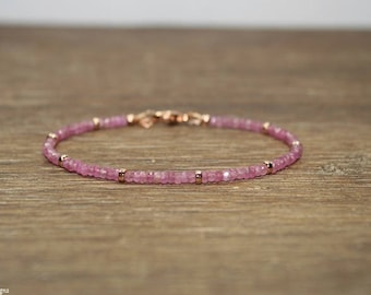 Pink Sapphire Bracelet, Rose Gold Beads, Pink Sapphire Jewelry, Gemstone Bracelet, Layering, Stacking, September Birthstone, Gifts