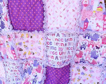 Rag Quilt for a Princess - Pink Purple - Girl Rag Quilt - Crowns Castles - Princess Quilt