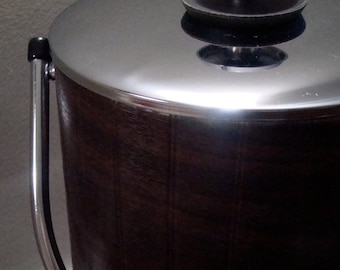 Vintage Mad Men-Style Tall Faux Woodgrain Vinyl and Chrome Ice Bucket
