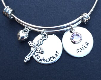 Godmother Gift- Godmother Jewelry- Hand Stamped Jewelry- Bangle- Godmother Bracelet- Godparent- Christening- Baptism- Confirmation- Mom Gift