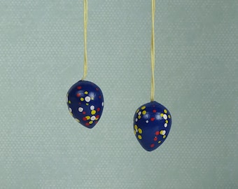 Vintage Easter egg ornaments blue dots 1980s wooden set of 2