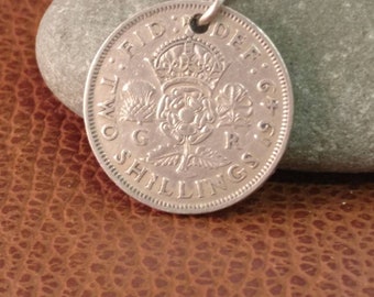 1949 King George VI British Two Shillings Coin Keyring, English Coin Keychain. British Coin Key Ring