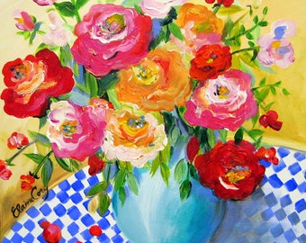 Peonies still life Original Painting 20 x 20 Canvas art by Elaine Cory