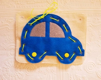 Felt Car Lacing Card - Lacing Busy Book - Car Busy Book - Quiet Time Activity - Busy Bag Activity - Felt Lacing Toy - Car Sewing Game