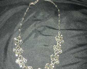 Vintage Floral Necklace Silver Tone with Light Blue Floral Design