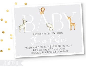 Safari Baby Shower Invitation, Jungle Baby Shower Invitation, Baby Boy Shower,Safari Animals,Gender Neutral,Elephant, Lion, zebra, Whimsical