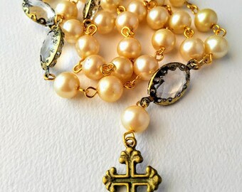 Pearl and Antique Gold Anglican Rosary / Protestant Rosary / Prayer Beads