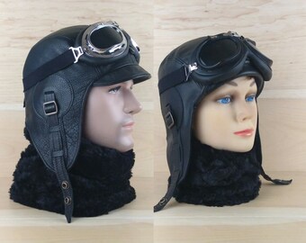 Leather Aviator Hat, Motorcycle Helmet Moto Motorbike Pilot Cap Steampunk, Flying WW2 Military, Goggles, Real Black Leather, Men/Women CA01