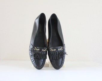 Vintage Black Leather Fringe Loafers Sz 8.5N