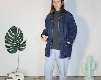 heavy long lean soft worn flannel lined denim jean jacket