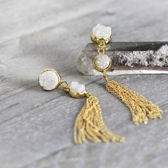 White Druzy Tassel Earrings -Long Statement Earrings