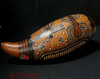 South American Carved Instrument Guiro Peruvian Folk Art Hand Carved Ehnic percussive nazca lines rural life rain forest life decorated
