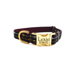 Tribal Arrow Dog Collar, Metal Buckle Pet ID, Personalized Collar, Burgundy Black Gold Arrow Print, Style 211,
