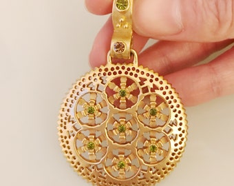 Vintage Green Rhinestone Round Flower Pendant