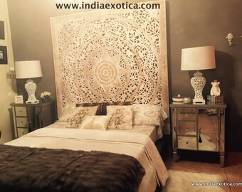 Carved Teak Wall Hanging Bed Headboard - white washed finish - 180 cm x 180 cm