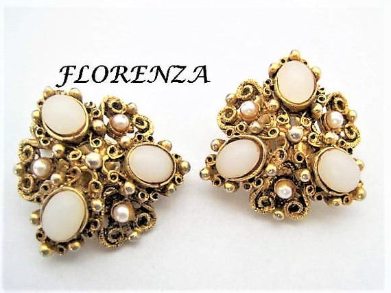 Florenza Earrings, White Moonstones, Mid Century Rhinestone, Designer Clip Ons
