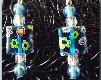 Earrings square green blue millefiori for sleeper