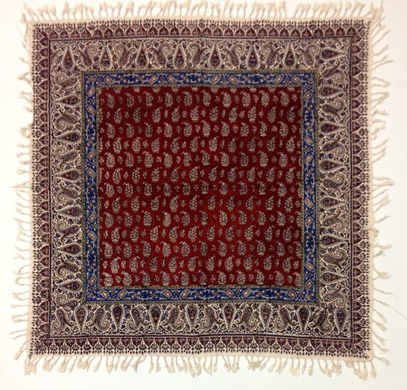 Handmade 40" inches red tablecloth in paisley design | block printed tapestry | natural dyes with tassels