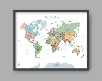 world map with countries printable wall art kid nursery modern home decor p342