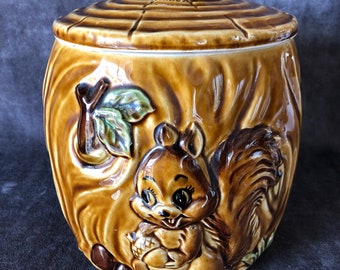 Vintage squirrel nut cookie jar brown faux wood