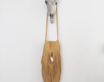 yellow long fringe suede bag
