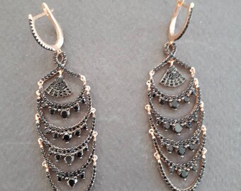 stunning glam dangle drop earrings, rose gold vermeil, black zirconia, 925 sterling silver