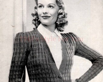 1940's Bestway 425 PDF Knitting Pattern - A Cardigan in a New Ribbed Pattern Modelled by Miss Sally Gray - Vintage Wartime Knitting