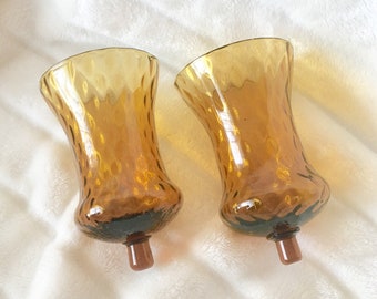 Pair Amber Gold Glass Candle Holders for Wall Sconces or Candlesticks Vintage Matching 2 Two Lanterns