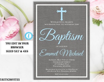 Baptism Invitation Boy, Baptism Invitation Printable, Boy Baptism Invitation, Printable Baptism Invitation, YOU EDIT, Instant Download, DIY