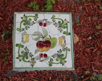 Vintage WROUGHT IRON and Italian Tile Garden Table Statue Stand End Table Features Apples Lemons Cherries Porch Garden Art