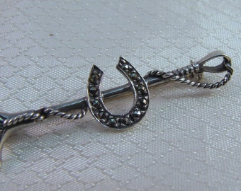Equistrian Sterling Riding Crop with Marcasite Horseshoe Brooch