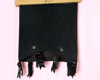 1950's Black Open Bottom Girdle w/ 6 Satin Ribbon Garters -- vintage, SIZE MEDIUM/SMALL