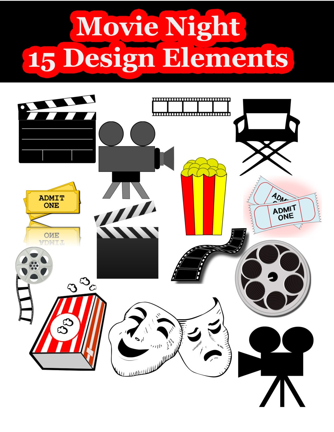 Hollywood Movie Night Digital Clipart INSTANT DOWNLOAD