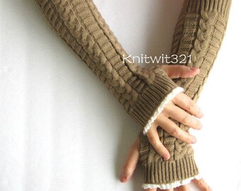 Gifts For Her,Knit Arm Warmers-Camel- Fingerless Knit Gloves-Lace Gloves- Arm warmers.