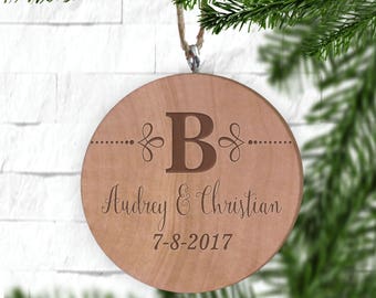 Last Initial Couple's Ornament, Personalized Ornament, Engraved Wooden Gift Tag, Engraved Wooden Christmas Ornament, Wood Ornament