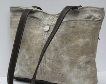 WAXED LINEN TOTE Bag Illumination with Charcoal Gray Leather Trim