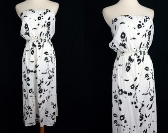 Strapless Sun Dress Black and White Stretchy Cotton Ragtime Small Medium Calf Length