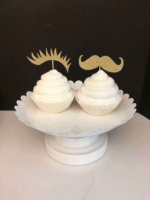 Set Of 12 Staches Or Lashes Cupcake Topper Gender Reveal